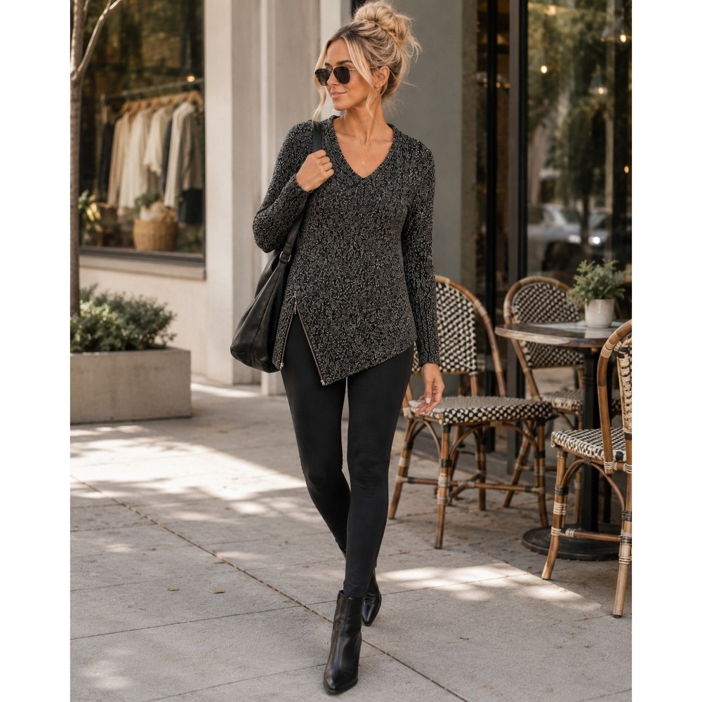 Athleta Northern Lights Wool Cashmere Tunic Sweater Side Zip Marled Black Size S - Picture 6 of 6